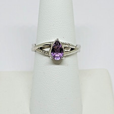 Vintage Estate Sterling Silver Genuine Amethyst Diamond Split Shank Ring ~Sz 7.5