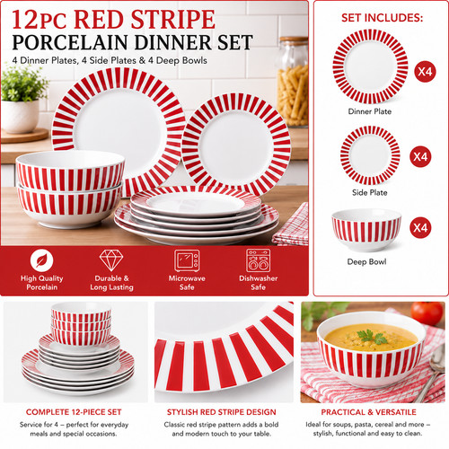 12pc red stripe porcelain - stripe,
