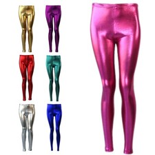 Girls Metallic Shiny Leggings Dance Disco Foil Red Tight Pants Wet Look Costumes