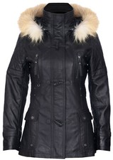 Women's Black Leather Parka Jacket Quilted Detachable Hooded Trench Jacket Coat
