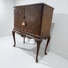 Antique Burr Walnut Cocktail Drinks Cabinet On Queen Anne Legs 1920s