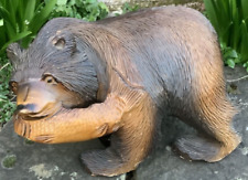 Black Forest Hand Carved Wooden Bear with Fish 12 inches long 8 inches high