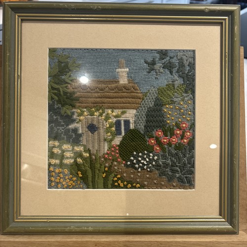 Vintage framed crewel cottage - framed,