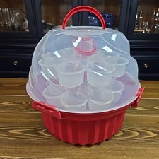 24 Cupcake Carrier 3 Tier Muffin Carousel Red With Clear Lid Transport Portable