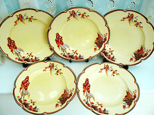 5 x WOODS IVORY WARE  * ART DECO *DINNER PLATES 25cms * SYLVANIA *5 BIRDS /FLORA