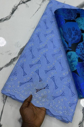 Blue cotton lace fabric - blue,