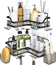 Corner Shower Caddy with 10 Hooks, Self Adhesive Shower Shelves, Black