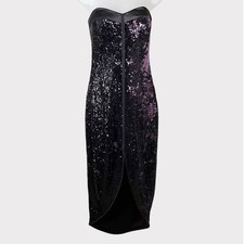 HALSTON HERITAGE Purple/Black Sequin Strapless Midi Cocktail Dress Party Size 4