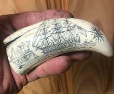 Scrimshaw whale tooth REPRODUCTION.2 angels over British ship HMS Victory