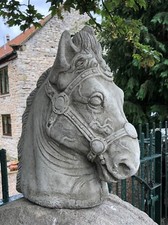 Stone horse head wall finial, gate post pony post cap