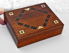 Vintage Inlaid Wooden Box with Cribbage Board Lid, Beautiful Card Suit Pattern