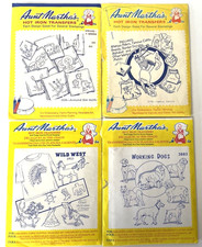 Aunt Martha's 4 VTG Hot Iron Embroidery Transfers Cowboy Wild West Dogs Dishes