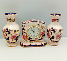 Masons Ironstone Mandalay Clock & Vase Pair Vintage Blue Gilt Edge Collectable