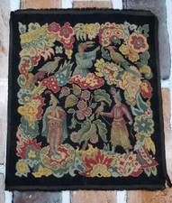 Antique French Needlepoint Folkloric Garden Scene Tapestry 82x70cm