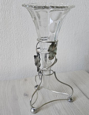 ART NOUVEAU VASE SINGLE GLASS TRUMPET EPNS BASE LEAF EPERGNE 27cm Tall