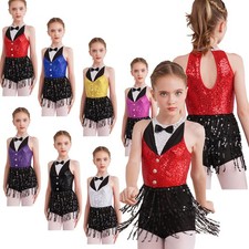 UK Kids Girls Latin Jazz Dance Costume Fringe Samba Dress Sequins Tassel Leotard