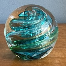 Amanda Miller? Langham Studio Signed Glass Paperweight Blue Green Swirl  