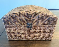 VTG Hinged Wood Wicker Rattan &Brass Woven Basket Storage Chest Trunk 9 X 8 X 7