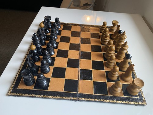 Antique chess set - and, leather