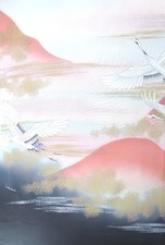 [AYANE] FLYING CRANE BIRD RED MOUNTAIN - Japanese Silk  KIMONO Fabric