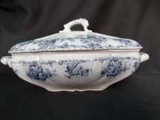 Hollinshead & Kirkham England Flow Blue Venetia Oval Handled Covered Dish VGUC