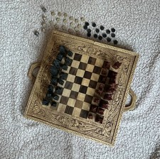 Carved wood Chess & Backgammon Board Aztec Set With Chess Pieces counters 