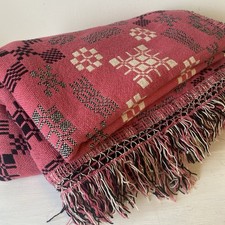 Traditional Vintage Welsh Wool Blanket Fringed Pink, Black, Cream 1.9 X 2.6m VGC