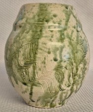 Vintage Hand-Made Studio Pottery Ceramic Vase With Green Wavy Design 14x10x10cm