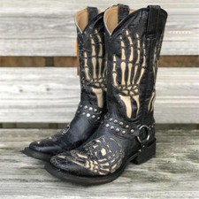 @Mens Embroidered Cowboy Boots Western Shoes Skull Pattern Square Head Casual UK