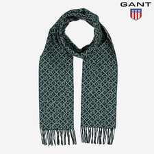 GANT 100% Pure Wool Green Scarf G Pattern Woven Tassel Warm Soft Designer £80