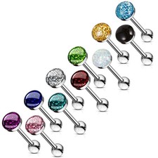 Large Sparkly Glitter Dome Top Tongue Bar * 14GA 1.6mm x 16mm Bar, choose Colour