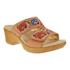 Alegria Linn Embroidered Leather Slip On Wedge Sandals Cognac Women's Size 6-6.5