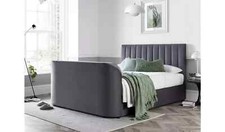 King Size TV Bed in Grey Velvet Ottoman TV Bed With Storage & 43" TV Capacity