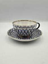 Lomonosov Imperial Porcelain teacup and saucer set, Cobalt Net Pattern