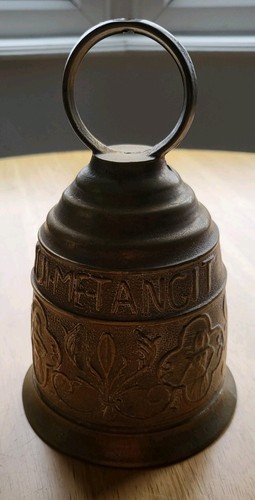 Large brass bell marked qui - bell,