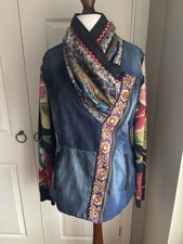 Desigual Denim Assymetrecial Jacket With Knitted Sleeved And Scarf Style Neck 46