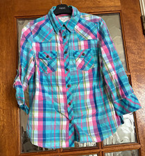 VGC Ladies FALMER HERITAGE Matalan TURQUOISE Check Adjustable Sleeve Shirt 10
