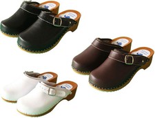 Women's Clogs Hand Made Ladies Wooden Sole 100% Natural Leather Upper Size 3 - 8