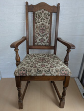Vintage Wooden Oak Carver Dining Chair Old Charm Tudor Upholstery Coat Of Arms 