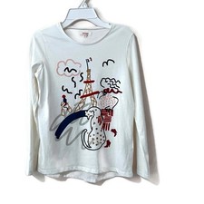 Catimini Girl's Paris Cat Whimsy Eiffel Glitter Size 10 White T-Shirt Cotton EUC