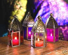 INDIAN MOROCCAN HANGING COLOURED GLASS LANTERN TEA LIGHT HOLDER MINI IRON HOME