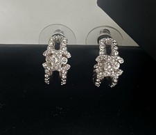 Chanel Small Hoop Earrings Silver With Strass Crystal Logo With Box & Receipt