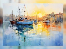 Serenity at Dusk: Boats at Sunset Oil Painting Print 12"x8"
