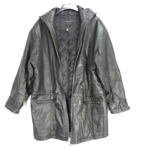 Black leather coat hooded - black,
