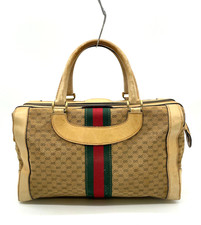 Auth Gucci Sherry Line Micro GG Canvas Leather Beige Boston Bag Junk NS090836