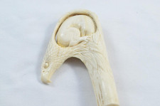 Hand Carved Bald Eagle & Dog Walking Stick Cane Top Handle Antler Horn