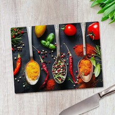 Spices Spoon and Vegetables Glass Chopping Board Large Kitchen Worktop Saver