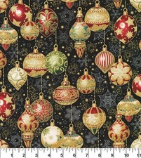 CHRISTMAS ORNAMENTS COTTON FABRIC METALLIC BLACK ROBERT KAUFMAN FREE SHIPPING