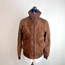 Men's Suede Leather Bomber Jacket Brown High Collar Retro size Medium