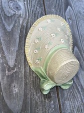 Vintage Brentleigh Straw Bonnet Hat Wall Pocket Vase Chalk Ware Art Deco 1930s